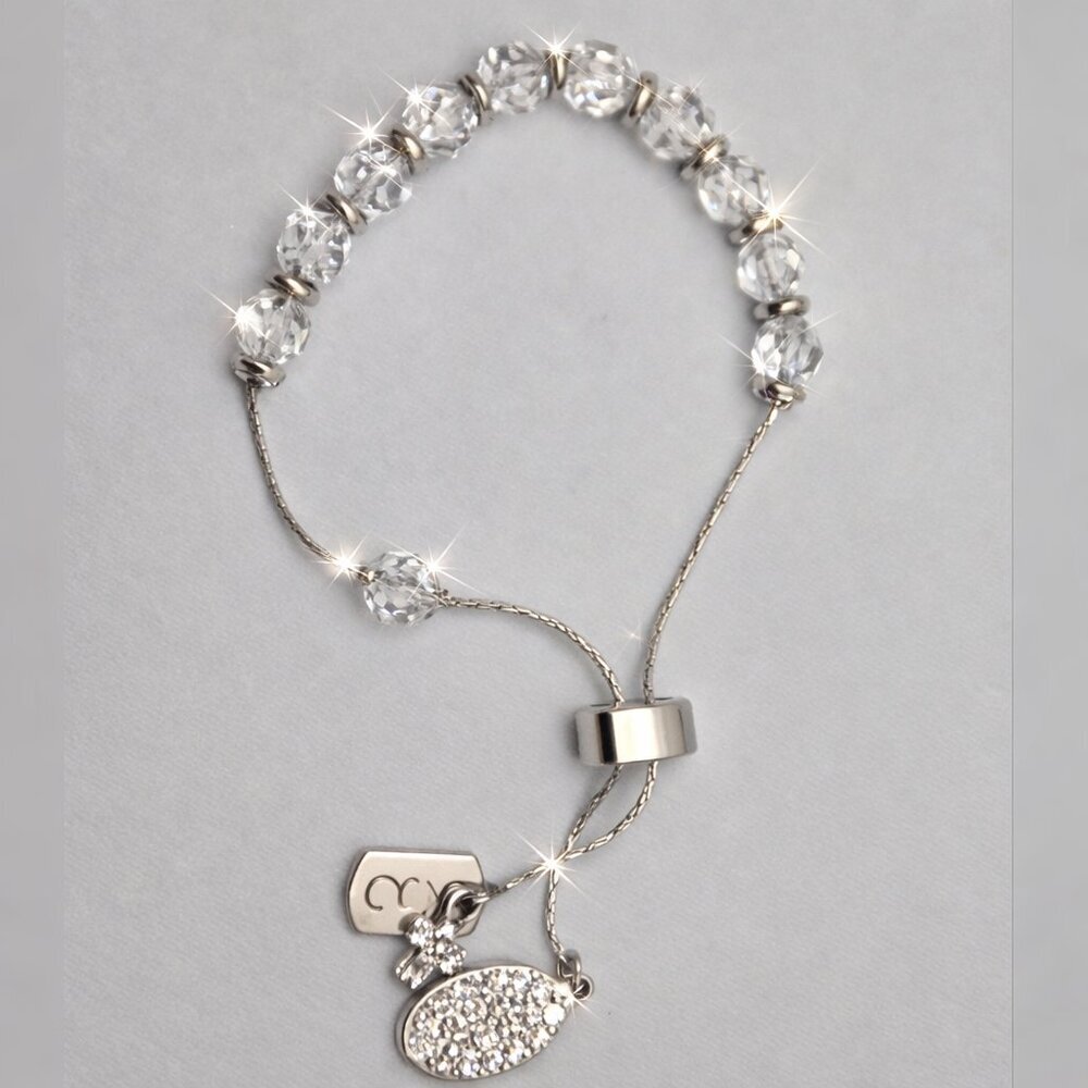 Adjustable Bolo Style Bracelet Clear Faceted Crystal Beads Silver Tone Charms